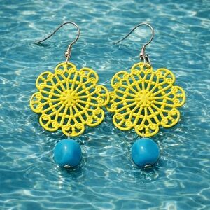 Plunder Floral Yellow Earrings with Blue Beads